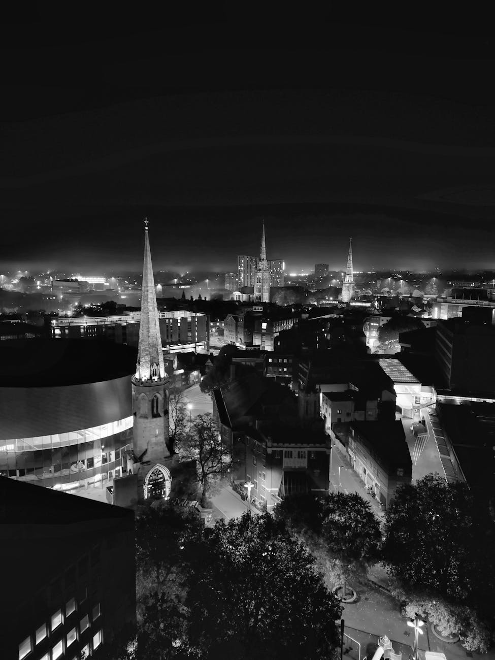 aerial night view of coventry cityscape