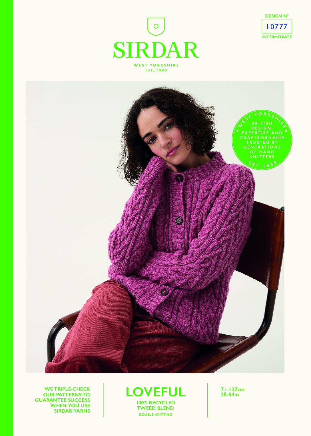 Classic Cable Cardigan in Sirdar Loveful 100% Recycled Tweed Blend DK (10777)