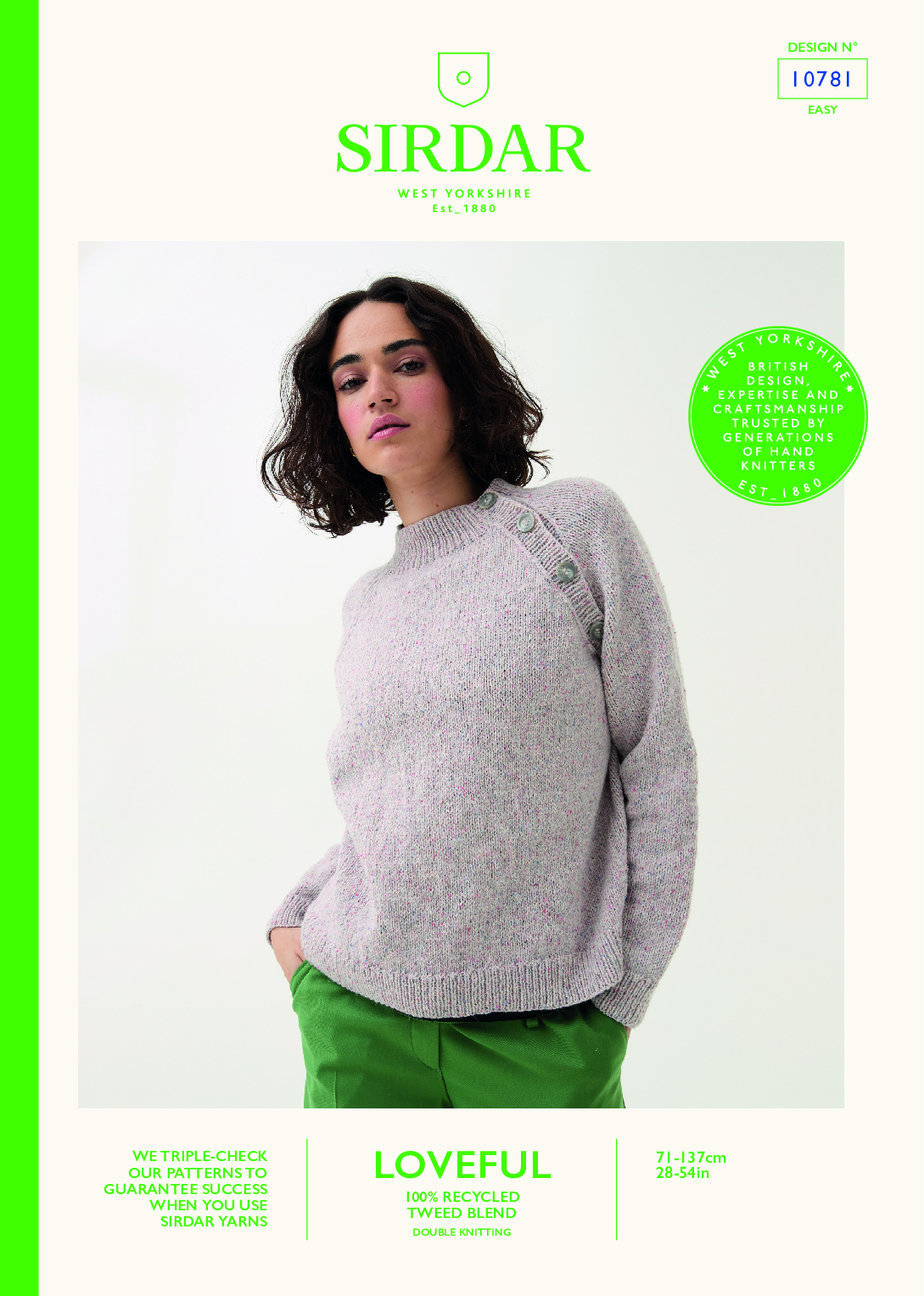 Buttoned Raglan Sweater in Sirdar Loveful 100% Recycled Tweed Blend DK (10781)