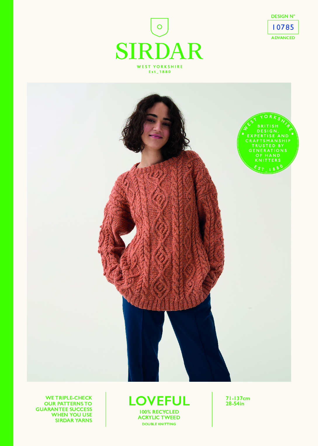 Cable Crew Sweater in Sirdar Loveful 100% Recycled Tweed Blend DK (10785)